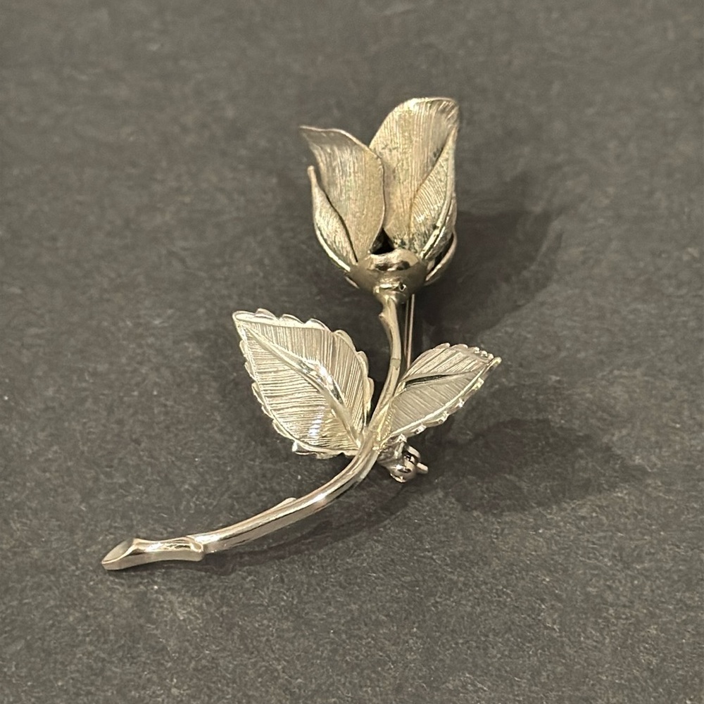 Vintage Giovanni Long Stemmed Rose Pin Brooch Silver Toned